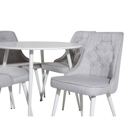 Plaza ümarlaud 100 cm - valge pealispind / valged jalad+velvet Deluxe söögitool - valged jalad - helehall kangas