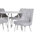 Plaza ümarlaud 100 cm - valge pealispind / valged jalad+velvet Deluxe söögitool - valged jalad - helehall kangas
