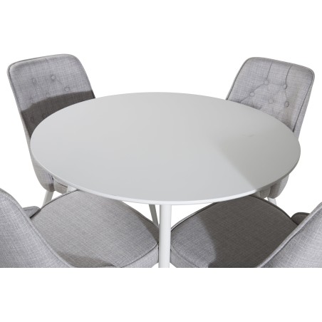 Plaza ümarlaud 100 cm - valge pealispind / valged jalad+velvet Deluxe söögitool - valged jalad - helehall kangas