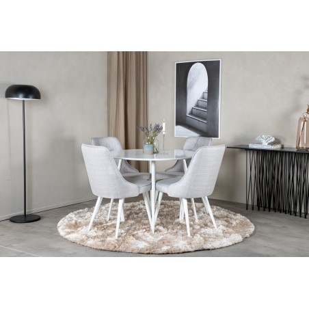 Plaza ümarlaud 100 cm - valge pealispind / valged jalad+velvet Deluxe söögitool - valged jalad - helehall kangas