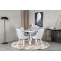 Plaza ümarlaud 100 cm - valge pealispind / valged jalad+velvet Deluxe söögitool - valged jalad - helehall kangas