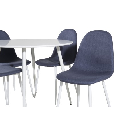 Plaza ümarlaud 100 cm - valge plaat / valged jalad + söögitool Polar - valged jalad - sinine kangas