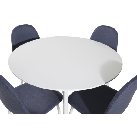Plaza ümarlaud 100 cm - valge plaat / valged jalad + söögitool Polar - valged jalad - sinine kangas