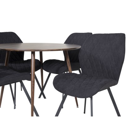 Plaza Ümarlaud 100 cm - Pähkel plaat - Pähkel jalad+Gemma söögitool - Mustad jalad - Must kangas