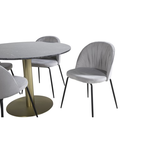Estelle ümmargune söögilaud ø106 H75 – must/messing+kortsudega söögitool – mustad jalad – hall samet
