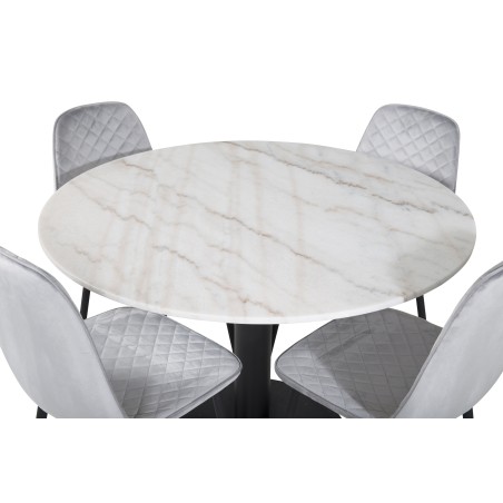Estelle ümmargune söögilaud ø106 H75 - valge / must+Polar Diamond söögitool - mustad jalad - hall Velvet
