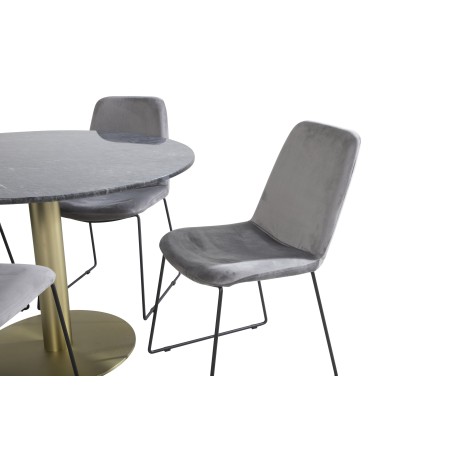 Estelle ümmargune söögilaud ø106 H75 – must/messing+muce söögitool – mustad jalad – hall samet