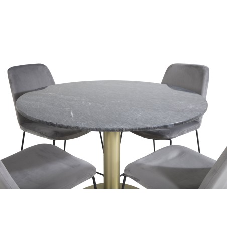Estelle ümmargune söögilaud ø106 H75 – must/messing+muce söögitool – mustad jalad – hall samet