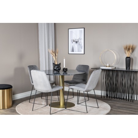 Estelle ümmargune söögilaud ø106 H75 – must/messing+muce söögitool – mustad jalad – hall samet
