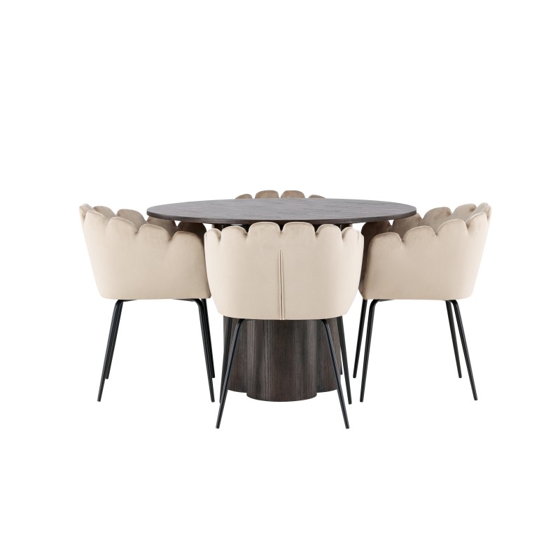 OliviaDining Table-Mocca/MoccaVeneer+Limhamn Chair-Black/Beige Velvet
