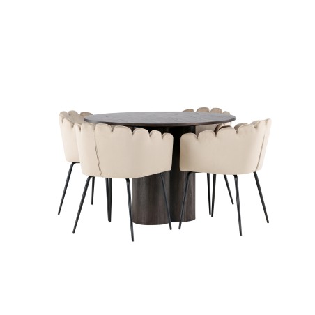 OliviaDining Table-Mocca/MoccaVeneer+Limhamn Chair-Black/Beige Velvet