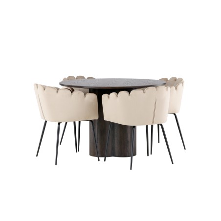 OliviaDining Table-Mocca/MoccaVeneer+Limhamn Chair-Black/Beige Velvet