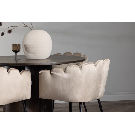 OliviaDining Table-Mocca/MoccaVeneer+Limhamn Chair-Black/Beige Velvet