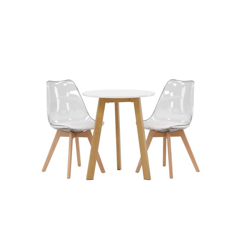 Leonora söögilaud φ65 - Oaklook / valge MDF + Edvin söögitoolid - Loodus / PET (istmepadi valge) 2