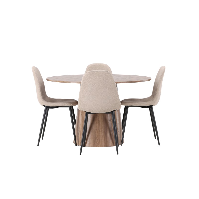 Lanzo söögilaud φ120 - naturaalne / naturaalne MDF + söögitool Polar - must / beež boucle _4