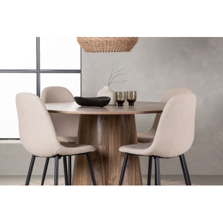 Lanzo söögilaud φ120 - naturaalne / naturaalne MDF + söögitool Polar - must / beež boucle _4