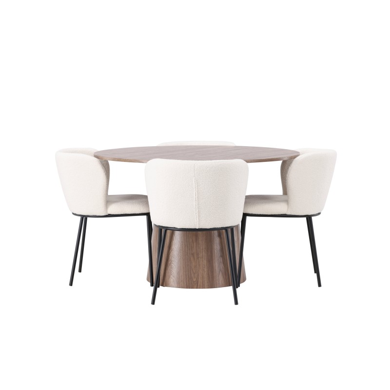 Lanzo söögilaud φ120 - naturaalne / naturaalne MDF + Edina söögitool - must / valge boucle _4