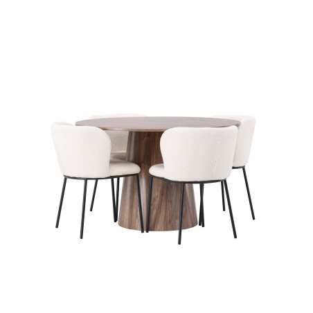 Lanzo söögilaud φ120 - naturaalne / naturaalne MDF + Edina söögitool - must / valge boucle _4