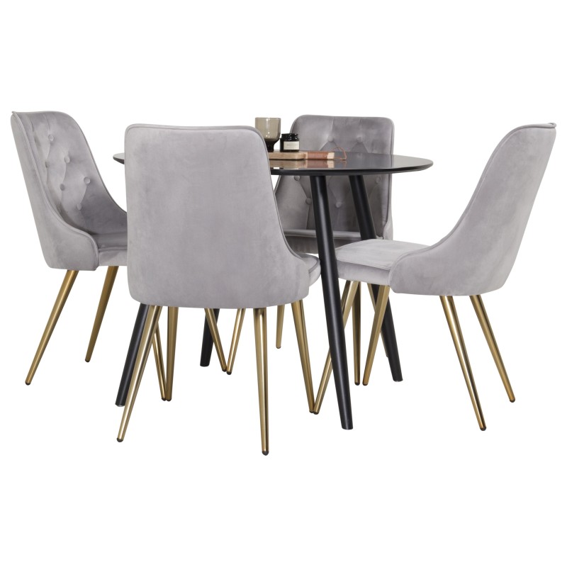 Plaza Runt Matbord - Svart / Svart - ø100*H75 +Velvet Deluxe söögitool - Harjatud messingist jalg / helehall samet _4