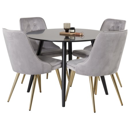 Plaza Runt Matbord - Svart / Svart - ø100*H75 +Velvet Deluxe söögitool - Harjatud messingist jalg / helehall samet _4