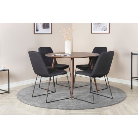 Plaza Ümarlaud 100 cm - Pähkel plaat - Pähkel jalad+Muce söögitool - Mustad jalad - Must kangas_4