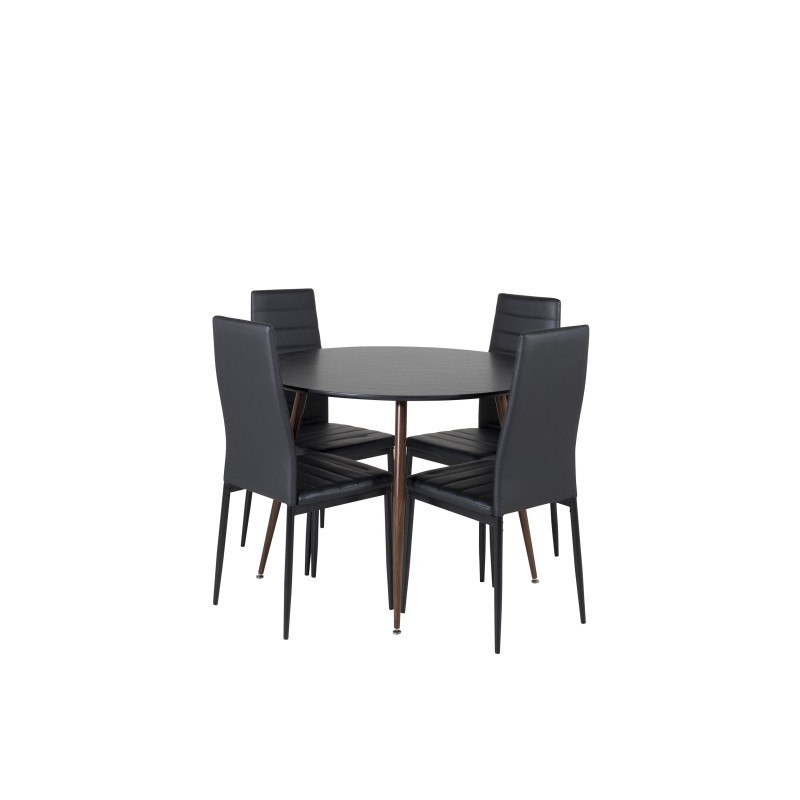 Plaza ümarlaud 100 cm - must top - pähkel jalad + õhuke kõrge seljatoega söögitool - mustad jalad - must PU_4