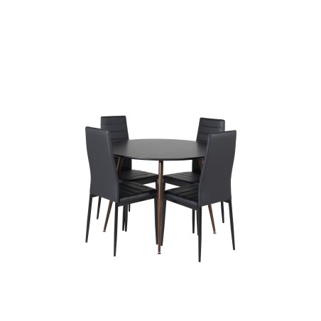 Plaza ümarlaud 100 cm - must top - pähkel jalad + õhuke kõrge seljatoega söögitool - mustad jalad - must PU_4