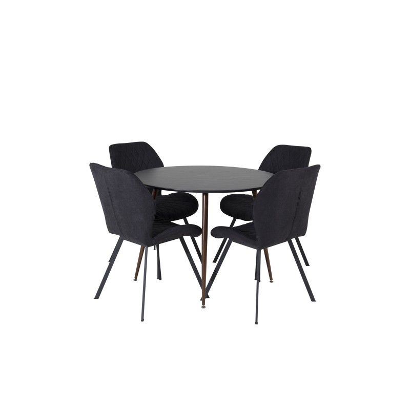 Plaza ümarlaud 100 cm - must top - pähkel jalad+Gemma söögitool - mustad jalad - must kangas_4