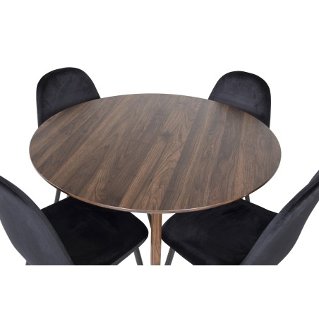 Plaza Ümarlaud 100 cm - Pähkel plaat - Pähkel jalad+Polar söögitool - Mustad jalad / Black Velvet 4