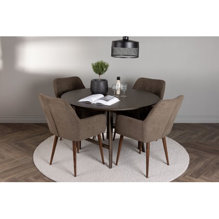 Kaseidoni söögilaud - ümmargune - kummipuit / tumepruun MDF + homne söögitool - tume pähkel / tumehall / pruun kangas _4