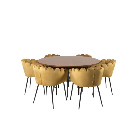 Kopenhaagen – ümmargune söögilaud – pruun / must+Limhamn – tool – Gold Velvet_6