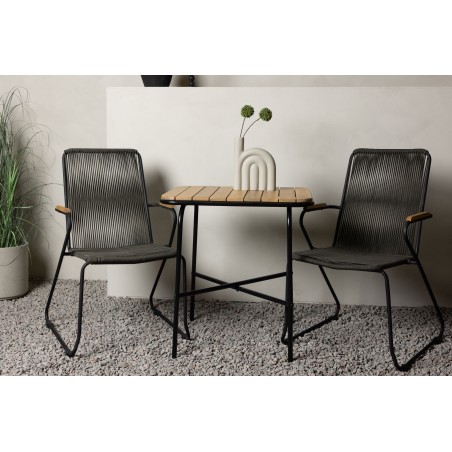 Holmbecki kohviku teras laud– must / ristkülikukujuline 55*70*74 + Bois söögitoolid teras – must / tumehall köis _2