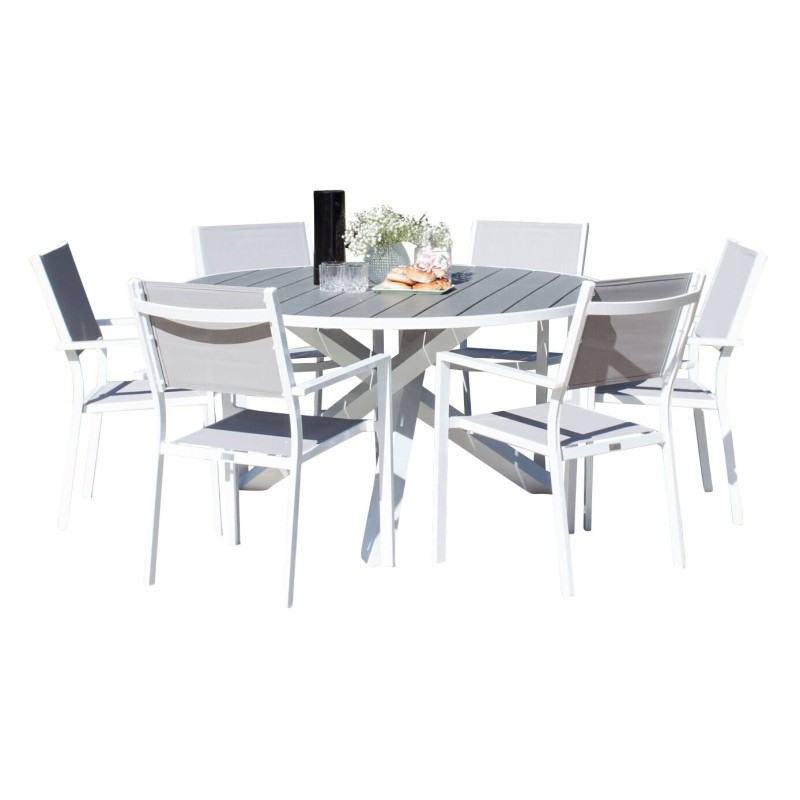Parma söögilaud ø140 – valge alumiinium/hall Aintwood+Copacabana toolid