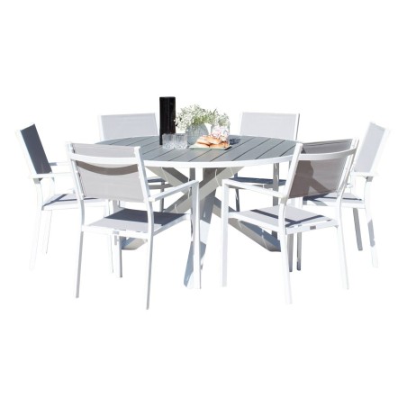 Parma söögilaud ø140 – valge alumiinium/hall Aintwood+Copacabana toolid
