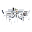 Parma söögilaud ø140 – valge alumiinium/hall Aintwood+Copacabana toolid