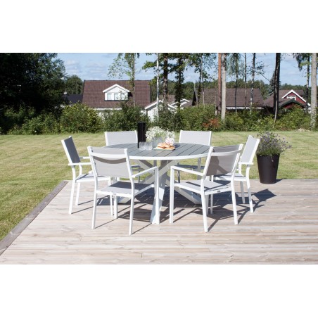 Parma söögilaud ø140 – valge alumiinium/hall Aintwood+Copacabana toolid
