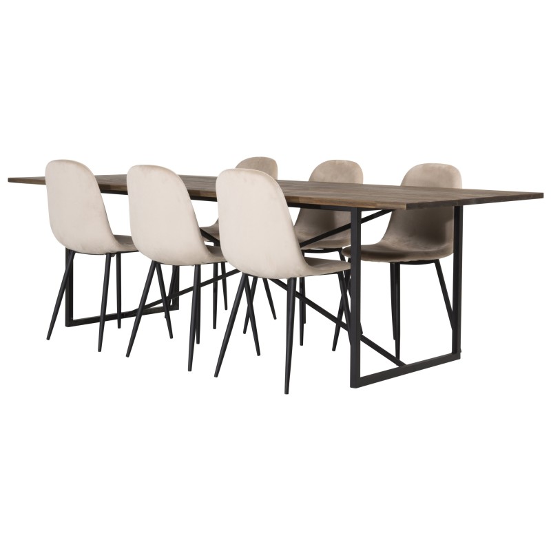 Padang Matbord – Svart / mörk Teak – 250*100*H76+Polar söögitoolid – mustad jalad / beež Velvet_6