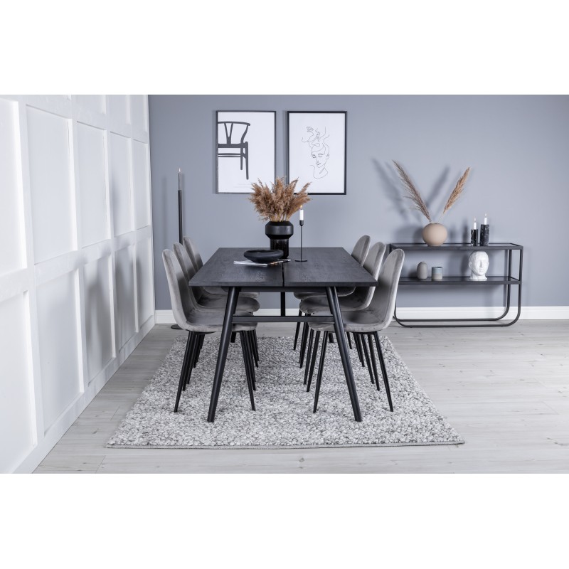 Elegantne pikendatav must harjatud söögilaud – 195*95+Polar söögitoolid – mustad jalad / helehall samet_6