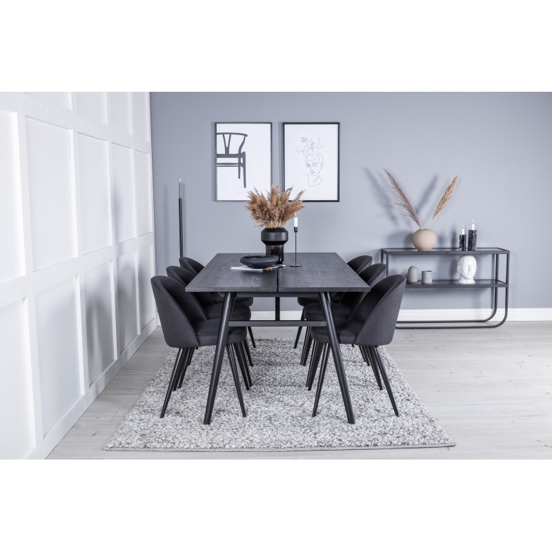 Elegantne pikendatav must harjatud söögilaud – 195*95+sametist söögitoolid – mustad jalad – must kangas_6