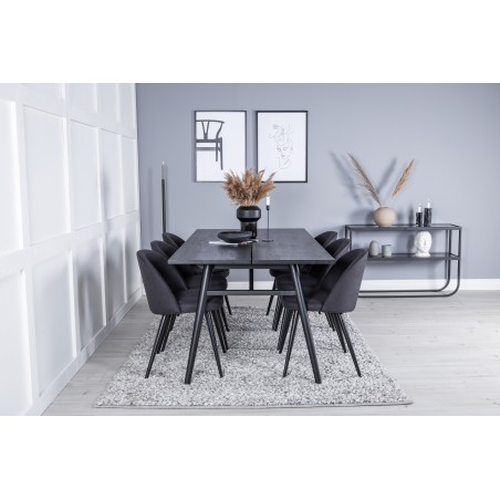 Elegantne pikendatav must harjatud söögilaud – 195*95+sametist söögitoolid – mustad jalad – must kangas_6