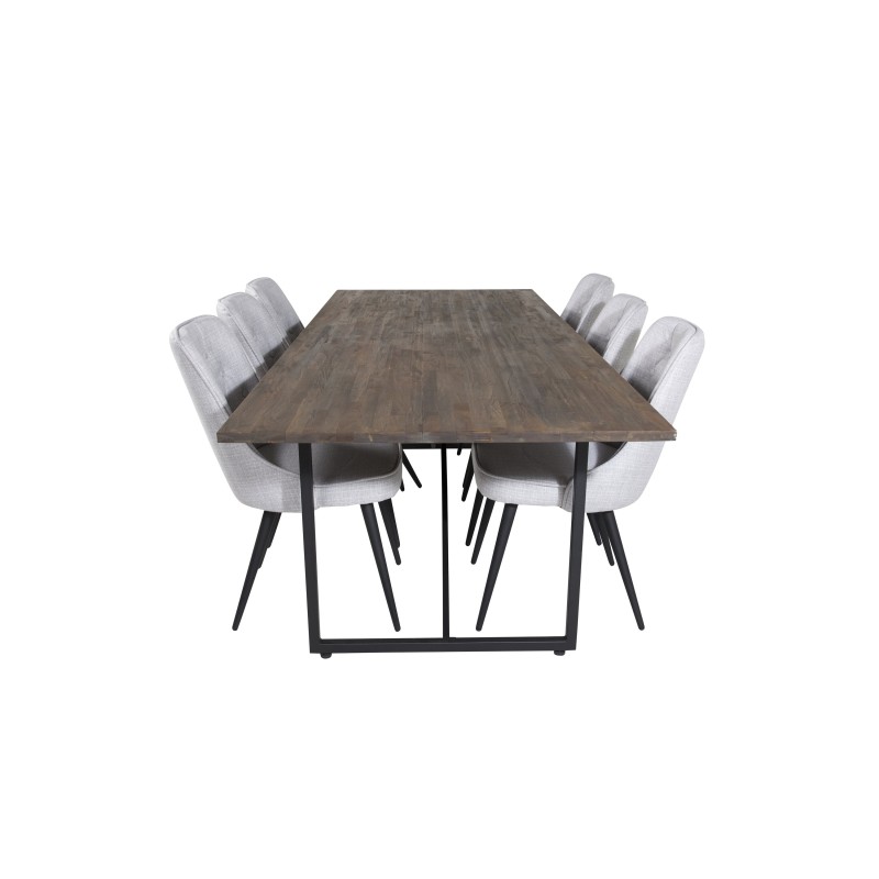 Söögilaud Padang – 250*100*H76 – tume tiikpuu/must+velvet Deluxe söögitoolid – mustad jalad – helehall kangas_6