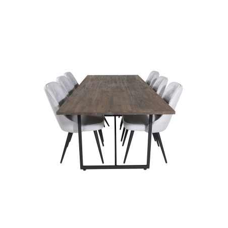 Söögilaud Padang – 250*100*H76 – tume tiikpuu/must+velvet Deluxe söögitoolid – mustad jalad – helehall kangas_6