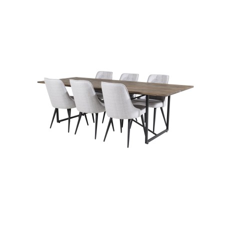 Söögilaud Padang – 250*100*H76 – tume tiikpuu/must+velvet Deluxe söögitoolid – mustad jalad – helehall kangas_6