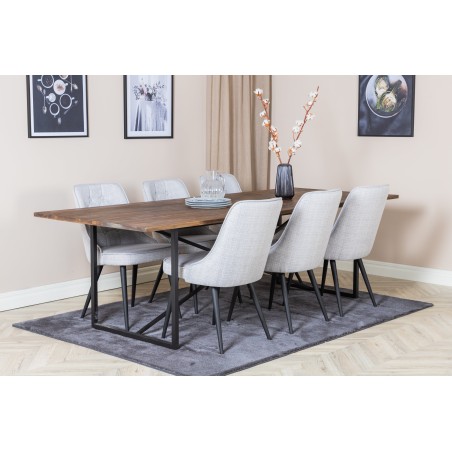 Söögilaud Padang – 250*100*H76 – tume tiikpuu/must+velvet Deluxe söögitoolid – mustad jalad – helehall kangas_6