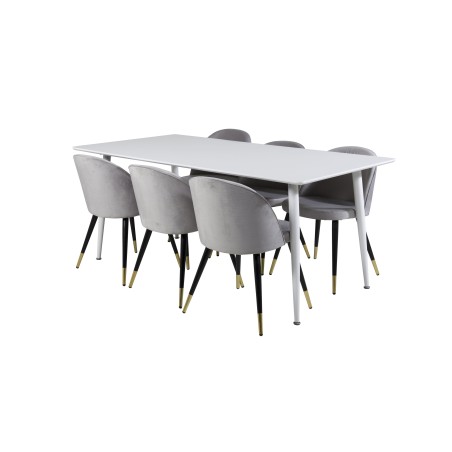 Söögilaud Polar 180 cm - Valge pealispind / valged jalad+velvet söögitoolid messing - helehall / must_6