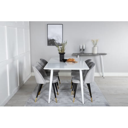 Söögilaud Polar 180 cm - Valge pealispind / valged jalad+velvet söögitoolid messing - helehall / must_6