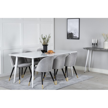 Söögilaud Polar 180 cm - Valge pealispind / valged jalad+velvet söögitoolid messing - helehall / must_6