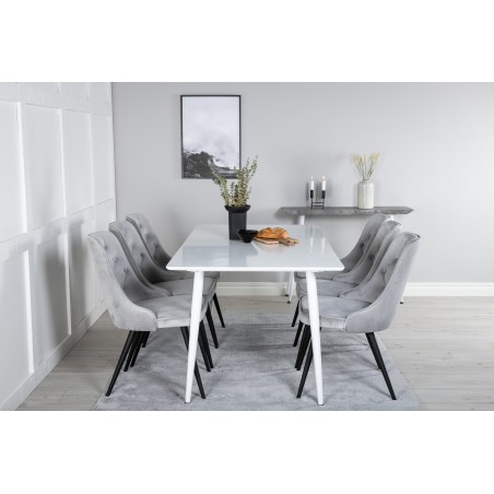 Söögilaud Polar 180 cm - Valge kate / valged jalad+Velvet Deluxe söögitoolid - helehall / must_6
