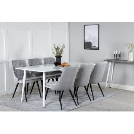 Söögilaud Polar 180 cm - Valge kate / valged jalad+Velvet Deluxe söögitoolid - helehall / must_6