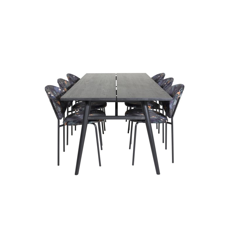 Elegantne pikendatav must harjatud söögilaud– 195*95+ Vault söögitoolid – mustad jalad – musta lilleprindiga kangas_6